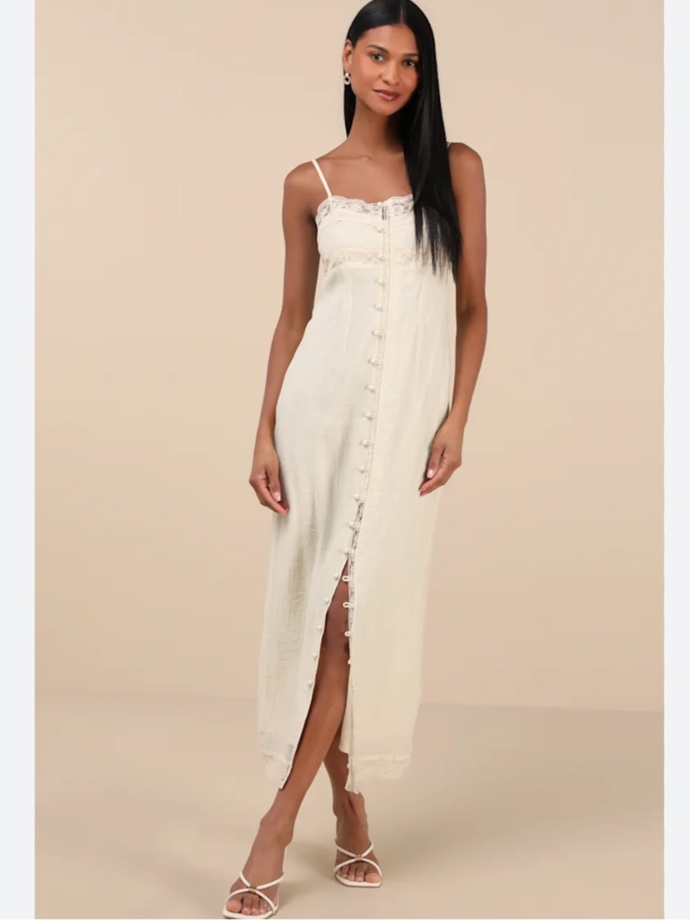 Lulus Veanna Ivory Lace Maxi Dress Button Strap Cami Fairy Renaissance Cottage